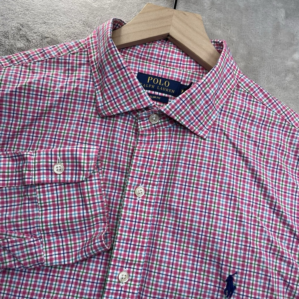 Polo Ralph Lauren Shirt Mens XL Slim Fit Pink‎ White Plaid Long Sleeve Button Up